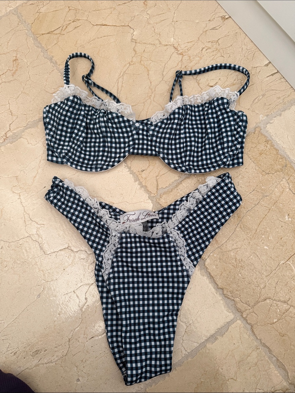 Navy and White Gingham Lace-Trim Bra & Bikini Set